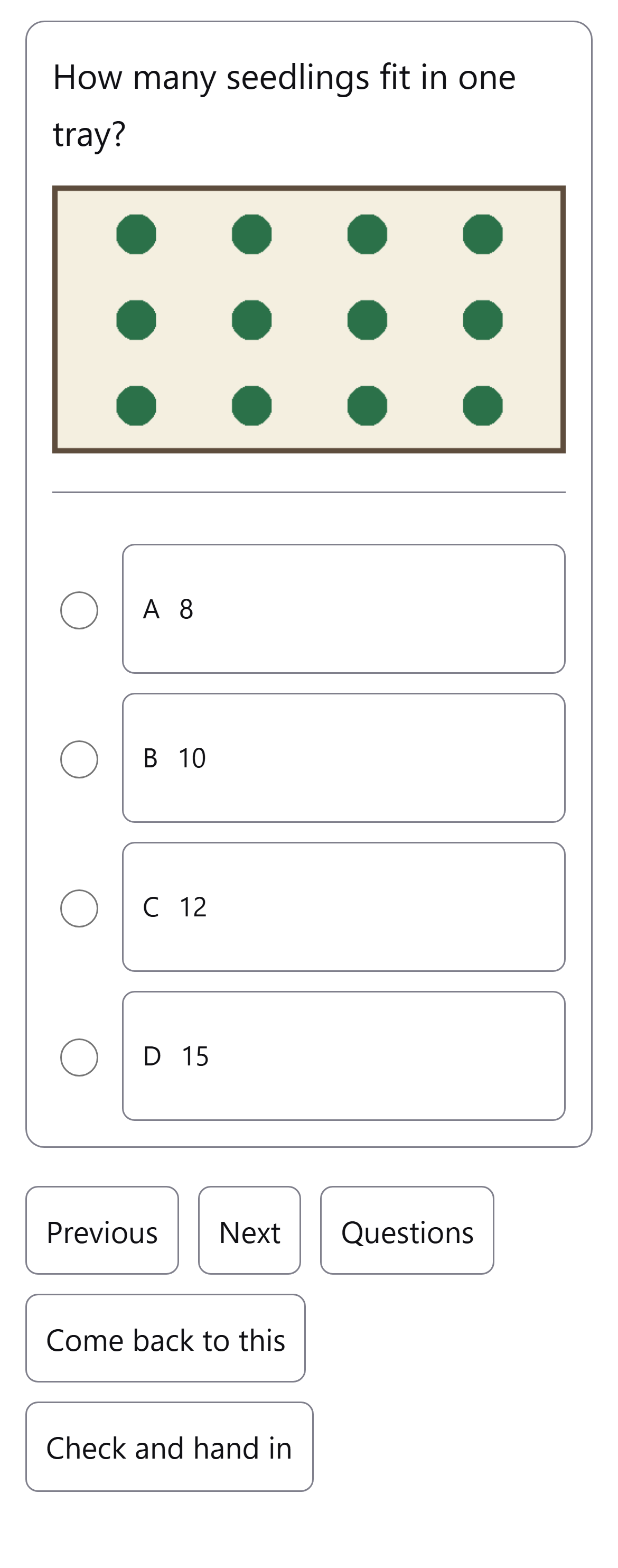 The answer choices and navigation on a phone.