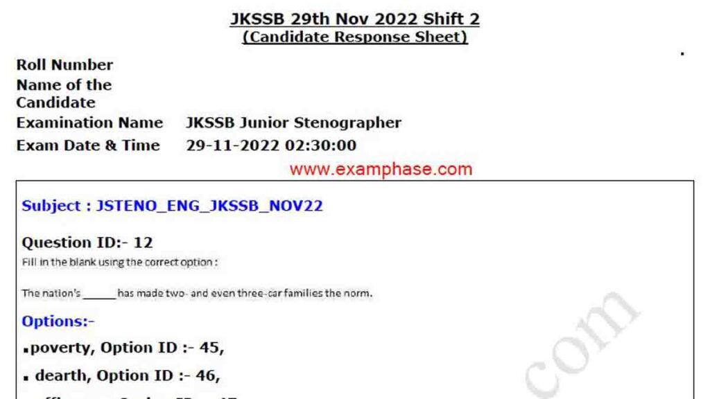 JKSSB Junior Stenographer Paper